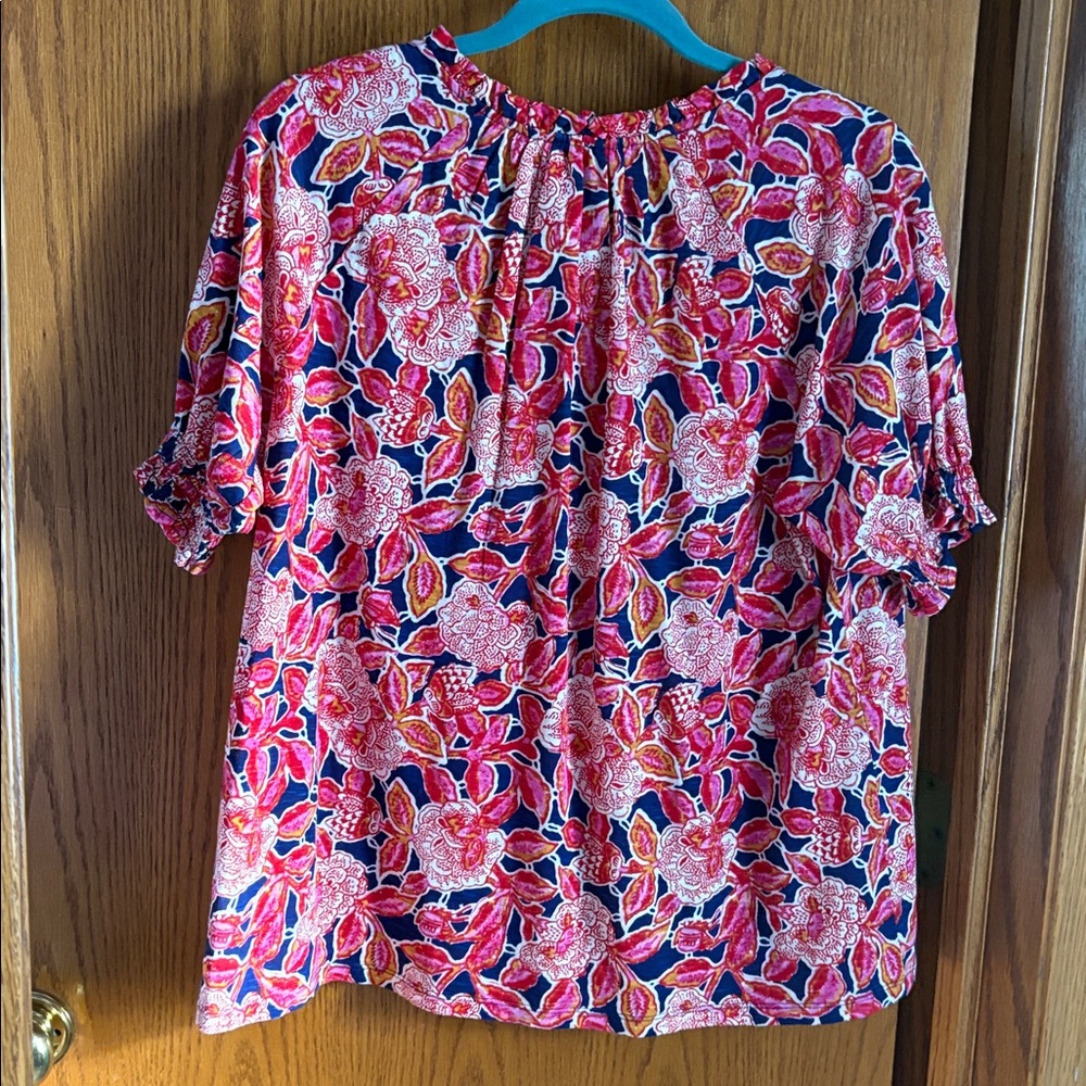Fat Face Florence Indigo Blue Batik Floral Short Sleeve Top - Picture 4 of 9